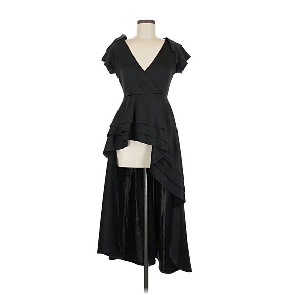 High low ruffle flounce black wrap dress, asymmetrical - Picture 1 of 3